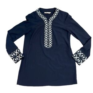Tory Burch Tunic Top Ariana Navy White V-Neck Size 2